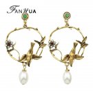 Fanhua Vintage Style Antique Gold Color Branches Bird Earrin 3 E4R
