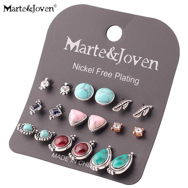 Marte Joven 9pairs Set Retro Green Stone Stud Earring Sets M 4 E4R