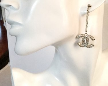 CHANEL Baguette Crystal CC Drop Earrings Silver 292226