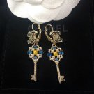 CHANEL Crystal CC Gold Stud Earrings Blue Yellow Enamel Dangle Leverback Key