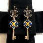 CHANEL Crystal CC Gold Stud Earrings Blue Yellow Enamel Dangle Leverback Key