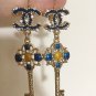 CHANEL Crystal CC Gold Stud Earrings Blue Yellow Enamel Dangle Leverback Key