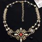 CHANEL Pearl & Chain Gold Short Necklace Choker Red Black Enamel Casual Elegant