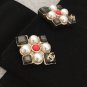 CHANEL PEARL Stud Earrings Multi-Colored Cream Grey Red GOLD Rhombus Shape NIB