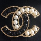 CHANEL PEARL Black & Cream Resin Bead Fashion Brooch Pin GOLD CC Authentic NIB