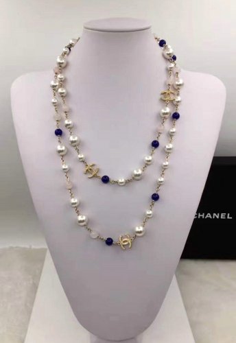 CHANEL CC Pearl Necklace Blue Pink Glass Bead Gold Metal Chain Long Strand NIB