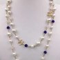 CHANEL CC Pearl Necklace Blue Pink Glass Bead Gold Metal Chain Long Strand NIB