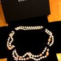 CHANEL PINK Pearl Necklace Glass Bead Clover Leaf Long Strand Gold Chain CC NIB