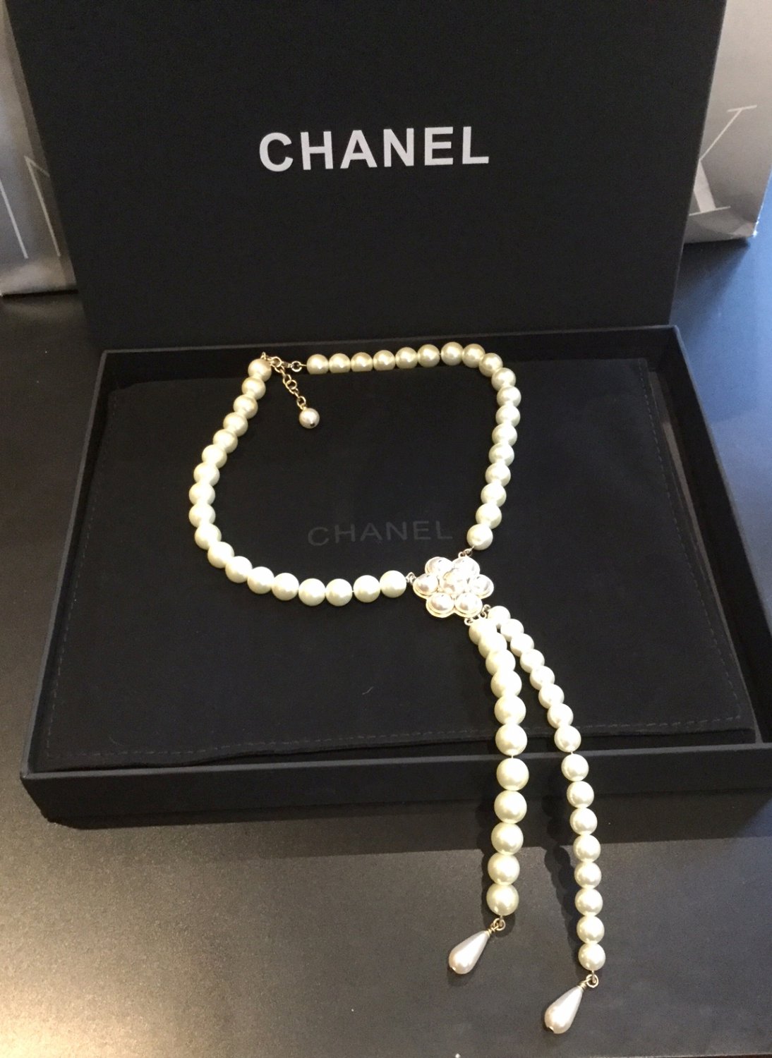 CHANEL Camellia Pendant Necklace Cream Pearl Bubble Fringe Gold Chain ...