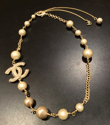 CHANEL CC PEARL Resin Short Necklace Choker Gold Chain Bracelet Multi-Purpose