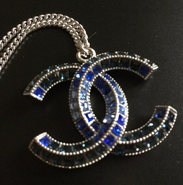 CHANEL BLUE Baguette CC Crystal Pendant Necklace SILVER Chain Authentic NIB