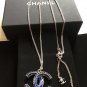 CHANEL BLUE Baguette CC Crystal Pendant Necklace SILVER Chain Authentic NIB