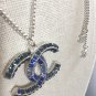 CHANEL BLUE Baguette CC Crystal Pendant Necklace SILVER Chain Authentic NIB