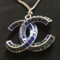 CHANEL BLUE Baguette CC Crystal Pendant Necklace SILVER Chain Authentic NIB