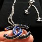 CHANEL BLUE Baguette CC Crystal Pendant Necklace SILVER Chain Authentic NIB