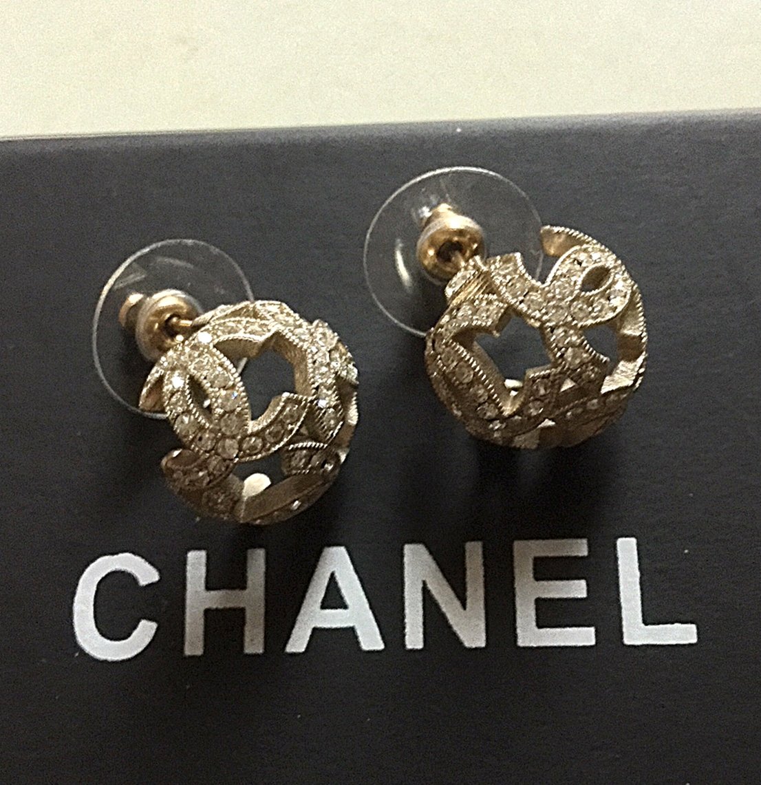 CHANEL CC Crystal Stud Earrings Gold Sphere 17P Elegant Hallmark ...
