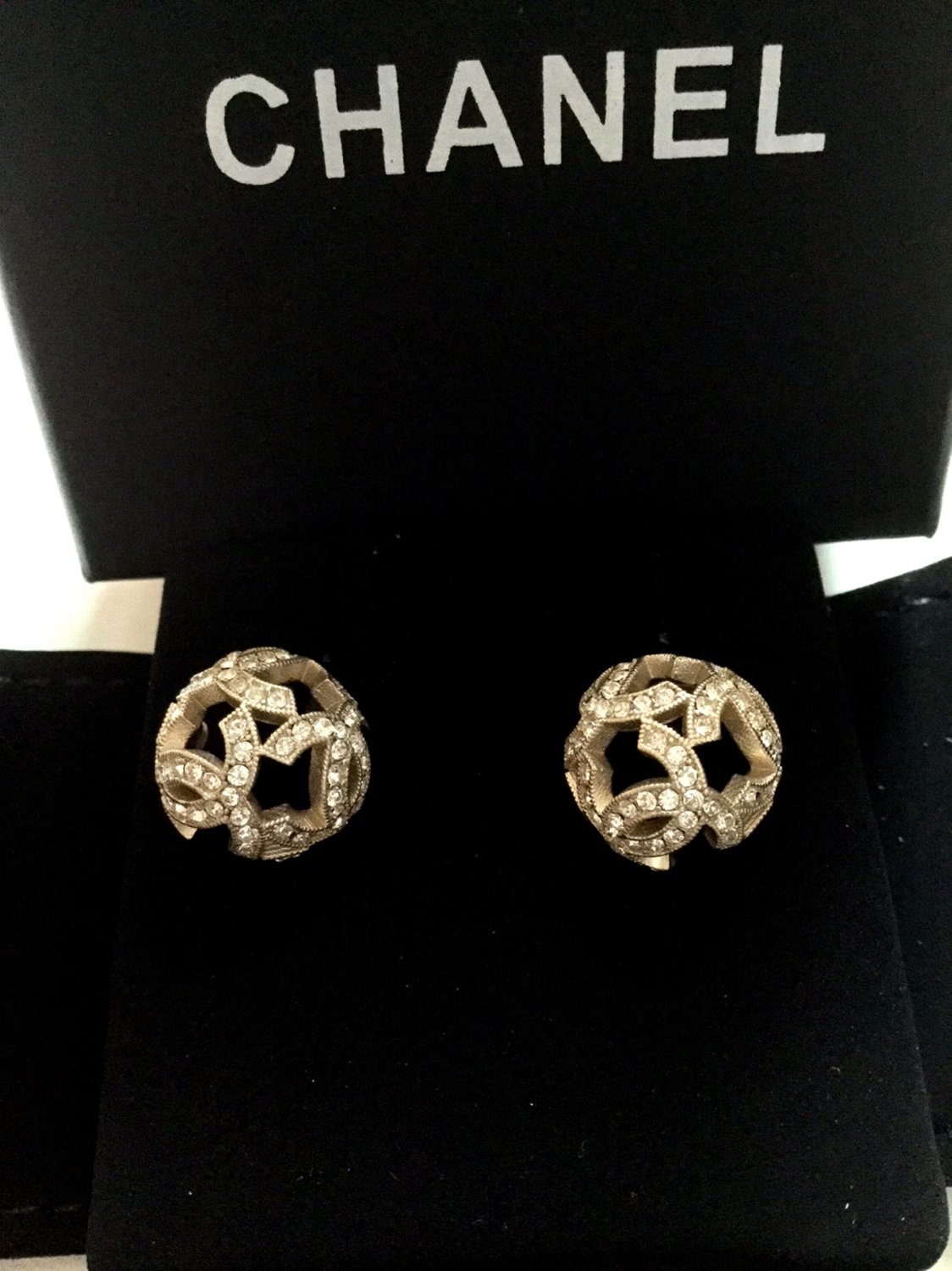 CHANEL CC Crystal Stud Earrings Gold Sphere 17P Elegant Hallmark ...