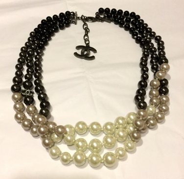 CHANEL Multi-Color 3 Strand Necklace Choker BLACK Grey WHITE Gradual Pearl NIB
