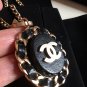 CHANEL Gold Chain Necklace Black Leather Weave Oval Pendant Authentic NIB