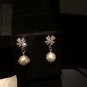 CHANEL Crystal Stud Dangle Drop Earrings Cream Pearl SILVER CC Clover Leaf NIB