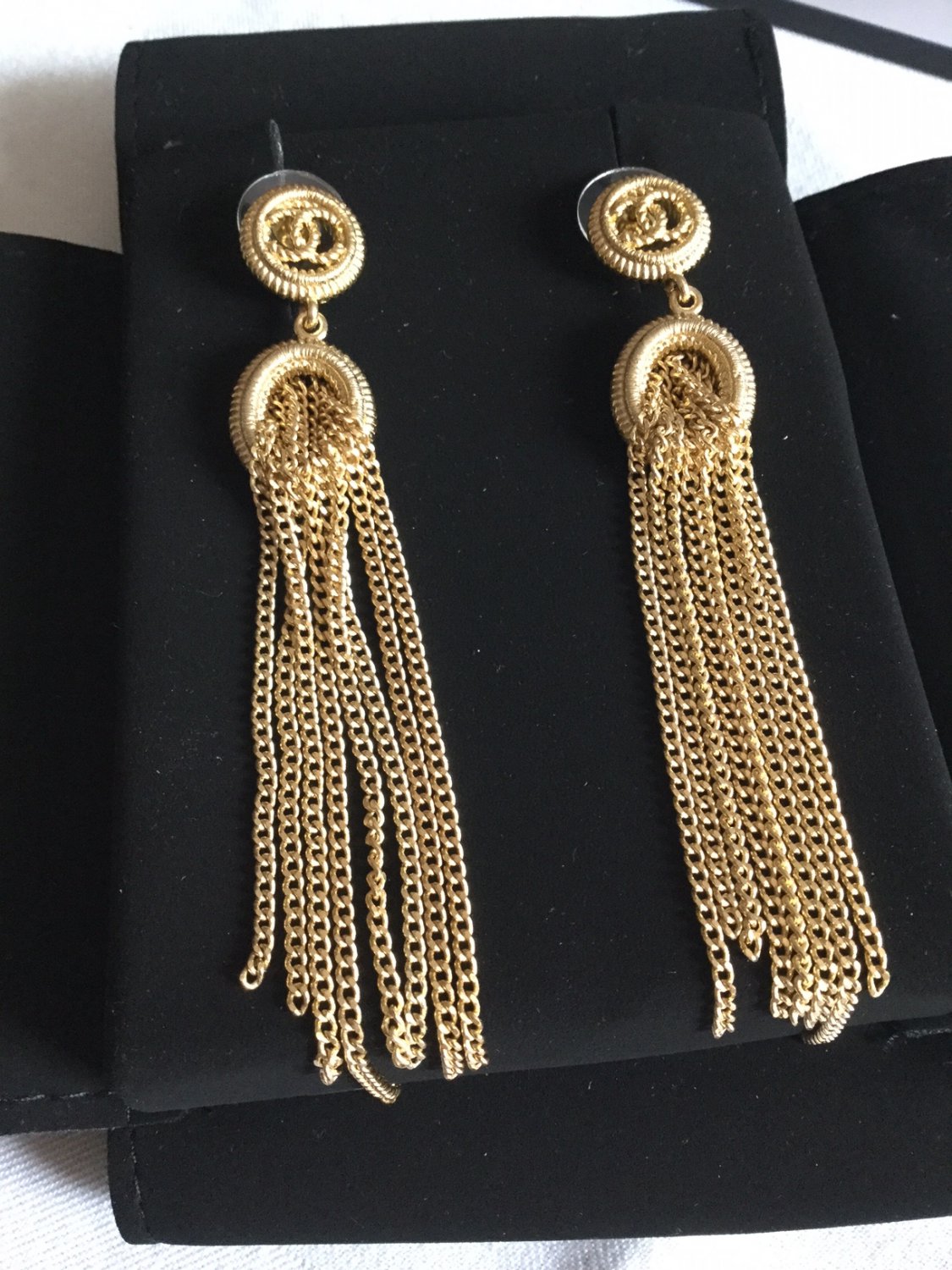 Chanel CC Gold Drop Dangle Earrings Metal Fringe Oval Medal Long Chain Nib