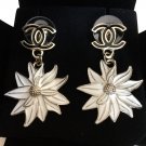 CHANEL Flower Dangle Earrings Black CC Stud WHITE Chrysanthemum Enamel Petal