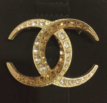CHANEL Dubai Gold Crystal Baguette CC Moonlight Fashion Brooch Pin Authentic