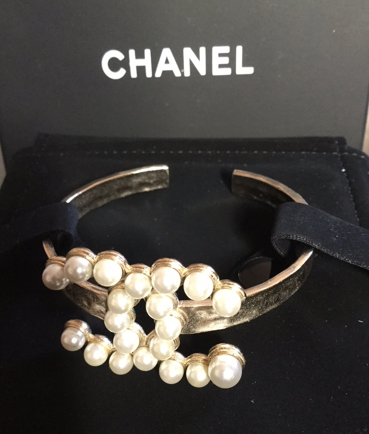 CHANEL Camellia CC Crystal Pearl Bracelet Gold Metal Authentic NIB