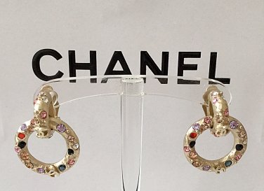 CHANEL Multi Color Rhinestone GOLD Metal Clip Earrings Byzantine Jewel NIB
