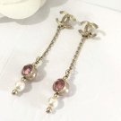 CHANEL CC Stud Dangle Earrings Pink Crystal Pearl GOLD Metal Chain NIB