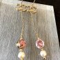 CHANEL CC Stud Dangle Earrings Pink Crystal Pearl GOLD Metal Chain NIB
