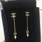 CHANEL CC Stud Dangle Earrings Pink Crystal Pearl GOLD Metal Chain NIB