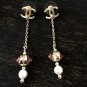 CHANEL CC Stud Dangle Earrings Pink Crystal Pearl GOLD Metal Chain NIB
