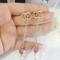 CHANEL CC Stud Dangle Earrings Pink Crystal Pearl GOLD Metal Chain NIB