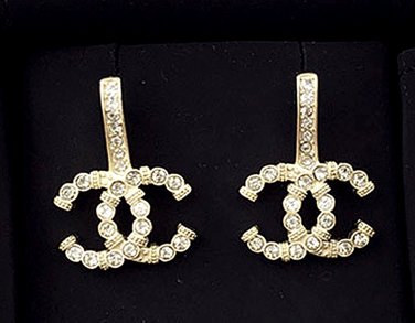 CHANEL Grey Crystal Stick CC Rhinestone Gold Earrings Authentic NIB