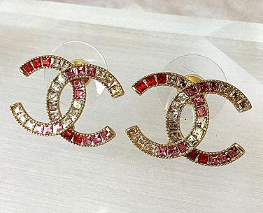 CHANEL Gold CC Stud Earrings Pink Red Multi Color Crystal Medium Size