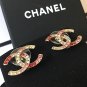 CHANEL Gold CC Stud Earrings Pink Red Multi Color Crystal Medium Size
