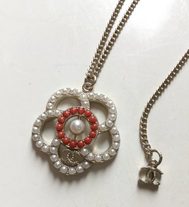 CHANEL Camellia Pearl White Red CC Pendant Necklace GOLD Chain Authentic NIB