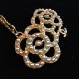 CHANEL Camellia Duo Pearl White Green CC Pendant Necklace GOLD Chain NIB