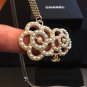 CHANEL Camellia Duo Pearl White Green CC Pendant Necklace GOLD Chain NIB