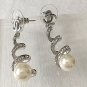 CHANEL Silver CC Stud White Crystal Curl Dangle Earrings Dainty NIB