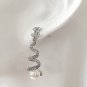 CHANEL Silver CC Stud White Crystal Curl Dangle Earrings Dainty NIB
