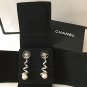 CHANEL Silver CC Stud White Crystal Curl Dangle Earrings Dainty NIB