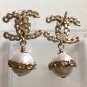 CHANEL CC Gold Chain Stud Pearl Dangle Earrings Authentic NIB