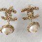 CHANEL CC Gold Chain Stud Pearl Dangle Earrings Authentic NIB