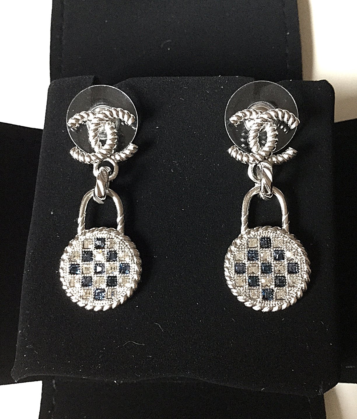 CHANEL Silver Twist CC Stud Blue Clear Crystal Lock Dangle Earrings Dainty