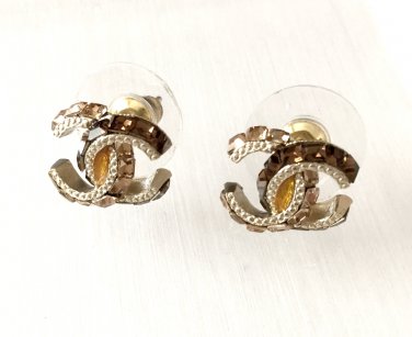 CHANEL CC Crystal Champagne Gold Stud Earrings Hallmark Authentic NIB