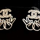 CHANEL CC Peace Sign WIN Silver Stud Crystal Earrings Authentic NIB