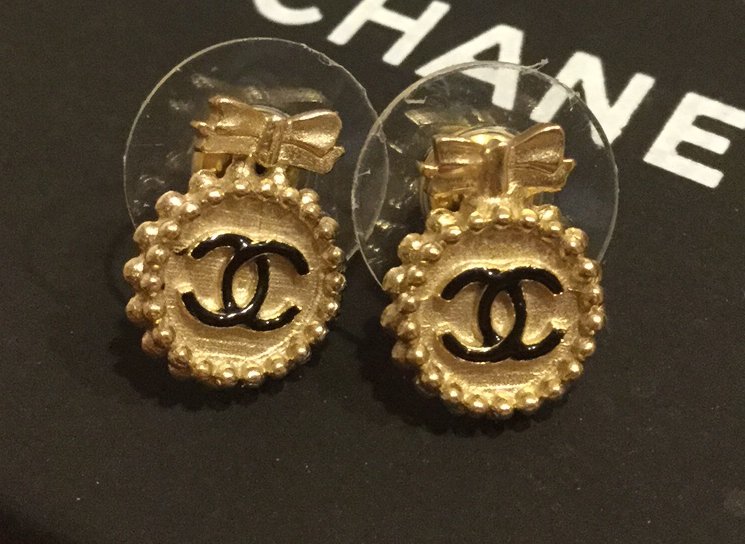 CHANEL CC Gold Medal Mini Bow Stud Earrings Hallmark Authentic NIB