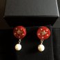 CHANEL Red Acrylic Gold Star CC Stud Pearl Dangle Earrings Authentic NIB